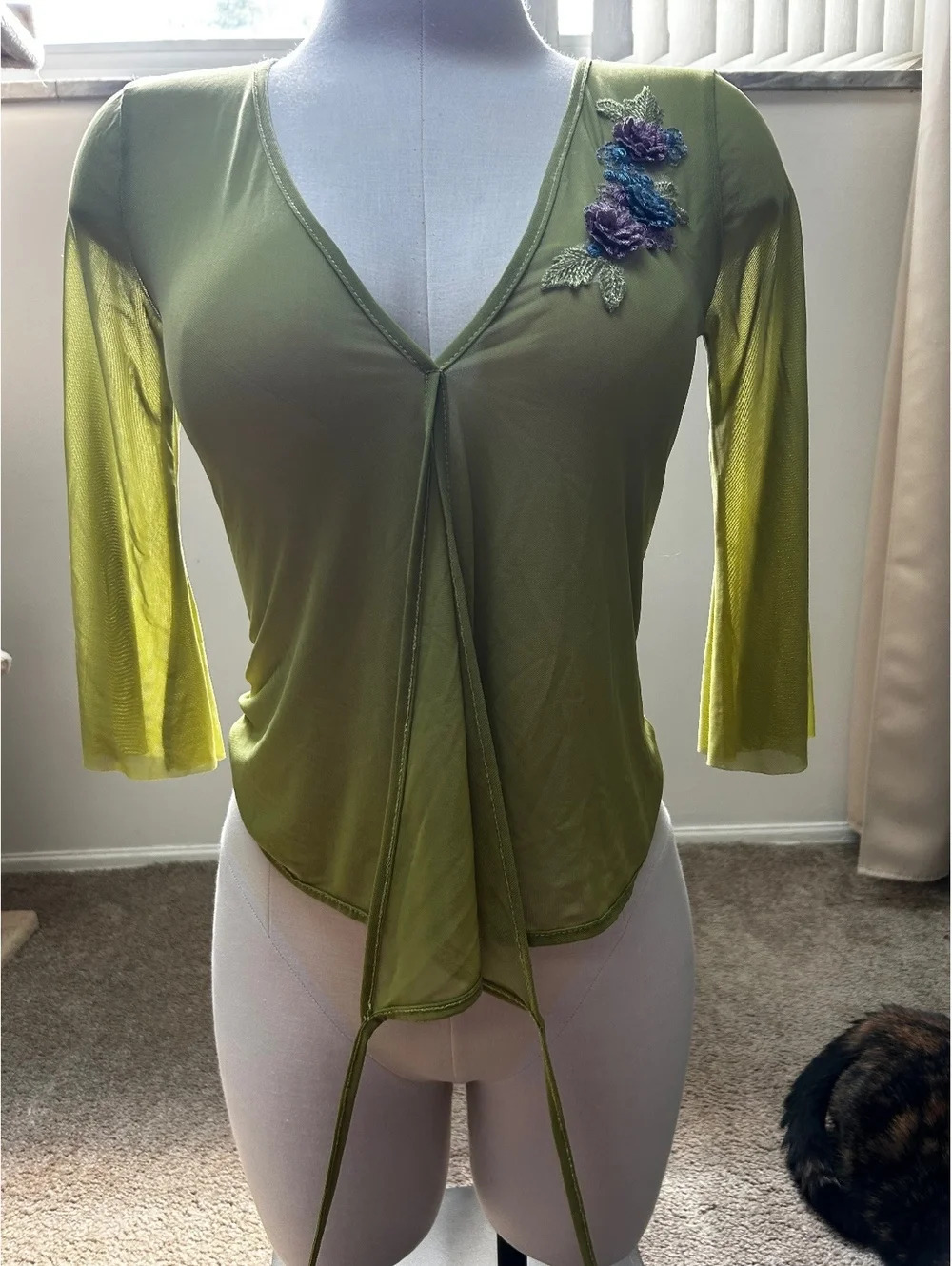 Women's Olive Green Sheer Wrap Top with Floral Applique and Tie Back, Size M